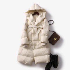 Langer Wintermantel mit Kapuze in Beige
