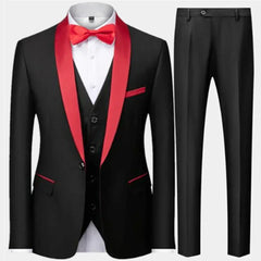 Herren 3-Dreiteiler Hochzeitsgast Anzug | Jacke, Weste und Hose in Schwarzer Knopf Rot