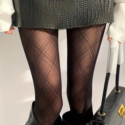 Schwarze Strumpfhose mit Rautenmuster für Damen | Vintage-Stil