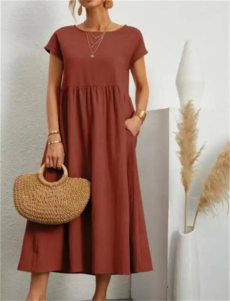Leinen Kurzarm Midikleid mit Taschen für Damen