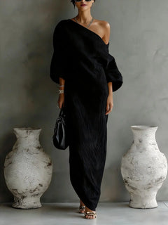 Joëlle | Damen Leinen Sommerkleid Mit One-Shoulder Design in Schwarz