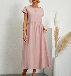 Leinen Kurzarm Midikleid mit Taschen für Damen in Rosa