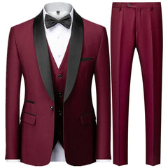Herren 3-Dreiteiler Hochzeitsgast Anzug | Jacke, Weste und Hose in Schwarzer Knopf Weinrot