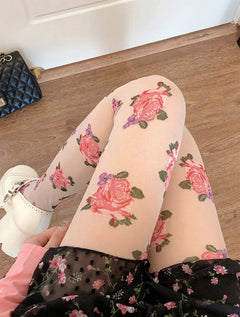 Damen Strumpfhose mit Rosenblüte Gemusterte | Vintage in Weiß