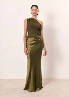 Amber™ – Ein Schulter Satin Maxikleid in Olivgrün