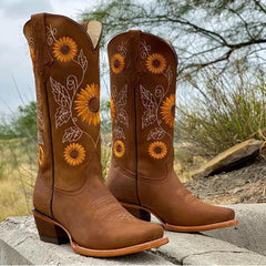 Sophie | Damen Bestickte Wadenhoher Cowboy Stiefel in Braun