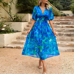 Theresa - Midikleid mit V-Ausschnitt - Sommerkleid in Blau