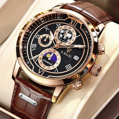 Chronographuhr mit hochwertigem Lederarmband in Gold Schwarz