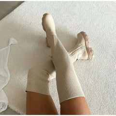 Jamaika - Oberschenkelhohe Sockenstiefel - Dehnbar Gestrickt in Beige