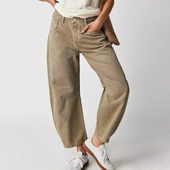 Damen High-Waist Cropped Jeans Hose in Beige