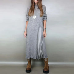 Valérie™ Set mit Langem Satin-Kleid und Feinstrick-Pullover / Zeitlose Eleganz in Jedem Detail! in Grau