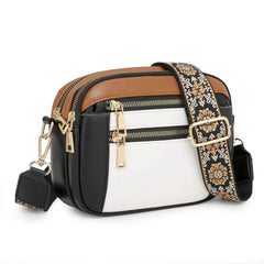 Ayla | Raffinierte PU Leder-Querträgertasche in Schwarz mit Weiß und Braun