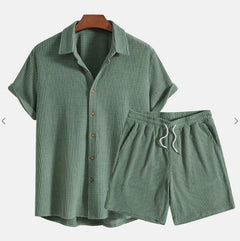 Jorvian - Strukturiertes Set aus Sommerhemd und Shorts in Olivgrün