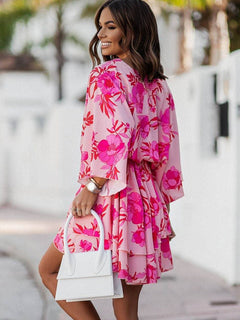 Bedrucktes V-Ausschnitt Minikleid für Damen in Rosa Blumen