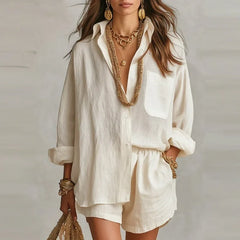 Bellmare™ Set Aus Baumwoll-Leinen Mit Weiter Bluse Und Eleganten Shorts in Apricot
