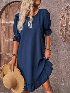 Damen Sommer Halben Ärmeln Leinen Midikleid mit Rüschen in Marineblau
