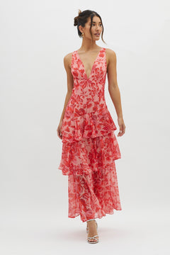 LADELIN - Ruffle Maxikleid in Rot