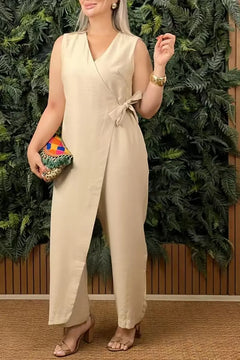 ELENA | Damen-Jumpsuit Einfarbig mit Weitem Bein in Beige