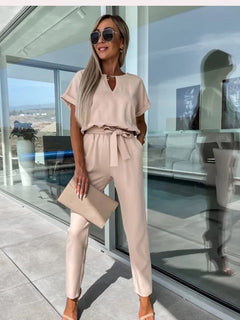 Kurzarm-Jumpsuit mit Gürtel für Damen in Khaki