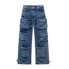 Ines - Weite Denim-Hose - Mehrfachtaschen Streetwear-Stil in Blau
