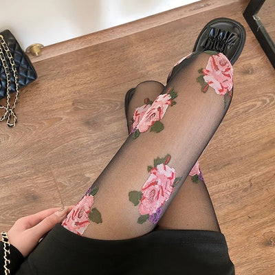 Damen Strumpfhose mit Rosenblüte Gemusterte | Vintage