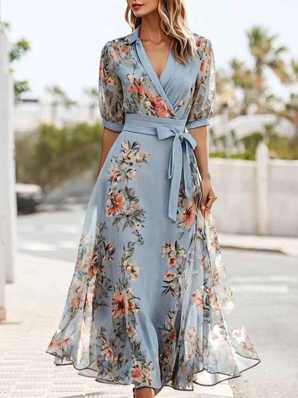 Sarina - Elegantes Midi-Kleid mit Kurzen Ärmeln und V-Ausschnitt