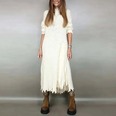 Valérie™ Set mit Langem Satin-Kleid und Feinstrick-Pullover / Zeitlose Eleganz in Jedem Detail! in Apricot