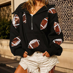 Touchdown Glam™ Hoodie aus Premium-Baumwolle mit Kapuze und Sportlichem Pailletten-Design / Glamour und Komfort in Perfekter Balance! in Schwarz