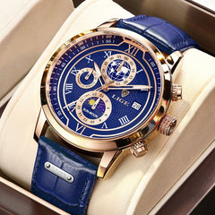 Chronographuhr mit hochwertigem Lederarmband in Blaues Gold