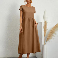 Leinen Kurzarm Midikleid mit Taschen für Damen in Hell Braun
