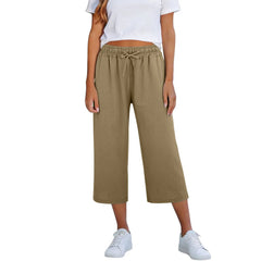 Lisia™ Pantacourt-Hose Aus Baumwoll-Leinen Mit Elastischem Bund Und Verstellbarem Kordelzug in Khaki