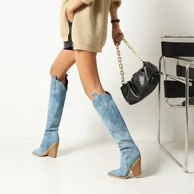 Damen Cowboy Overknee Stiefel | Blau