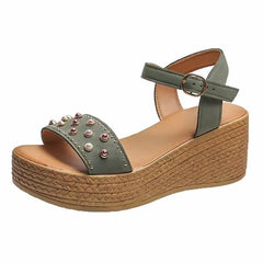 Sharon® | Schicke Damen Sandalen mit Schnalle und Keilabsatz in Grün