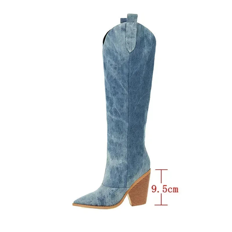 Damen Cowboy Overknee Stiefel | Blau