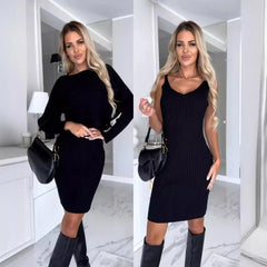 Virginia Royale™ Set aus hochwertigem Strick mit eleganter 2-in-1-Überlagerung in Schwarz