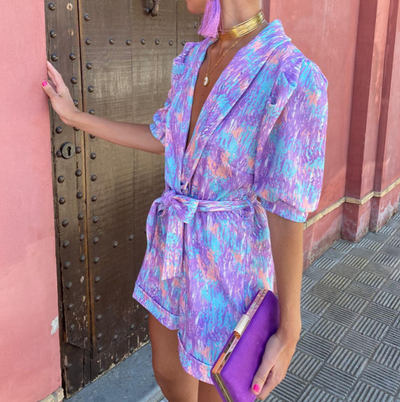 Mehrfarbiger V-Ausschnitt Jumpsuit Kurzer mit Gürtel für Damen