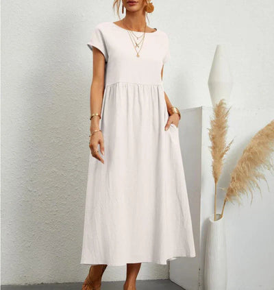 Leinen Kurzarm Midikleid mit Taschen für Damen