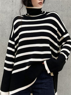 Kynesia - Übergroß Strickpullover Mit Streifenmuster Und Rollkragen in Schwarz