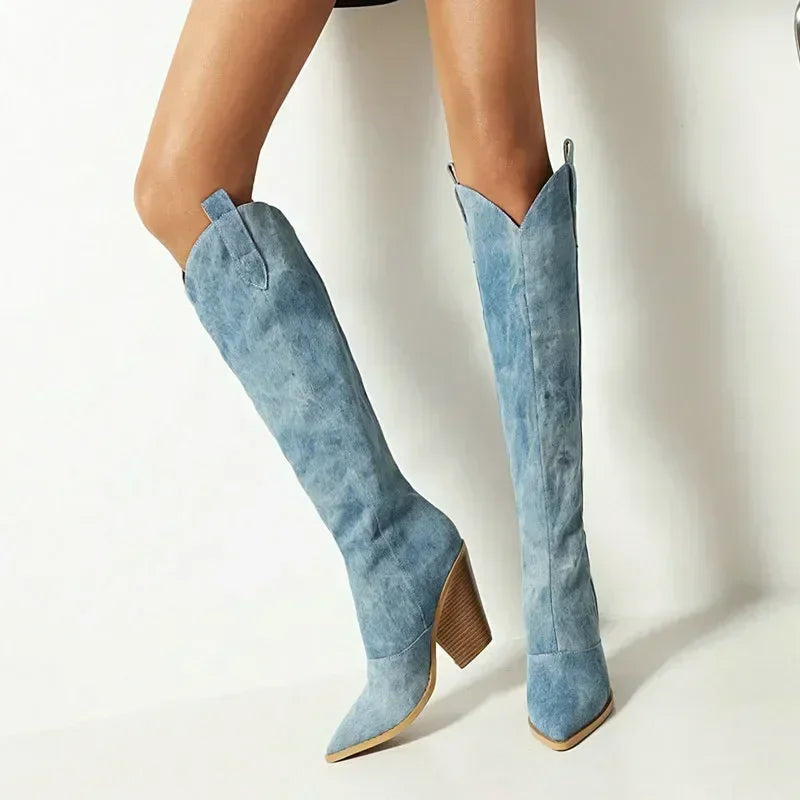 Damen Cowboy Overknee Stiefel | Blau