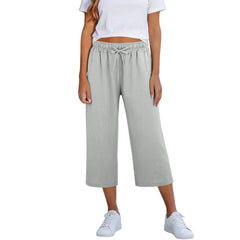 Lisia™ Pantacourt-Hose Aus Baumwoll-Leinen Mit Elastischem Bund Und Verstellbarem Kordelzug in Hellgrau