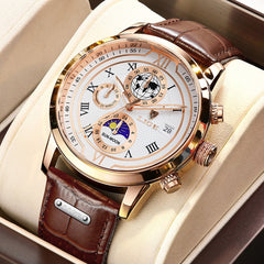 Chronographuhr mit hochwertigem Lederarmband in Goldweiß