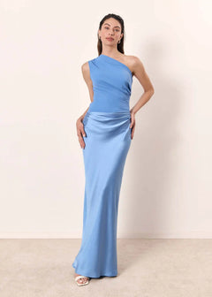 Amber™ – Ein Schulter Satin Maxikleid in Blau