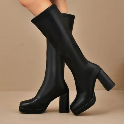 Damen Schwarze Overknee Stiefel | Plateau Klobigem Absatz