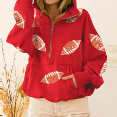Touchdown Glam™ Hoodie aus Premium-Baumwolle mit Kapuze und Sportlichem Pailletten-Design / Glamour und Komfort in Perfekter Balance! in Rot