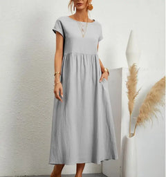 Leinen Kurzarm Midikleid mit Taschen für Damen in Hell Grau