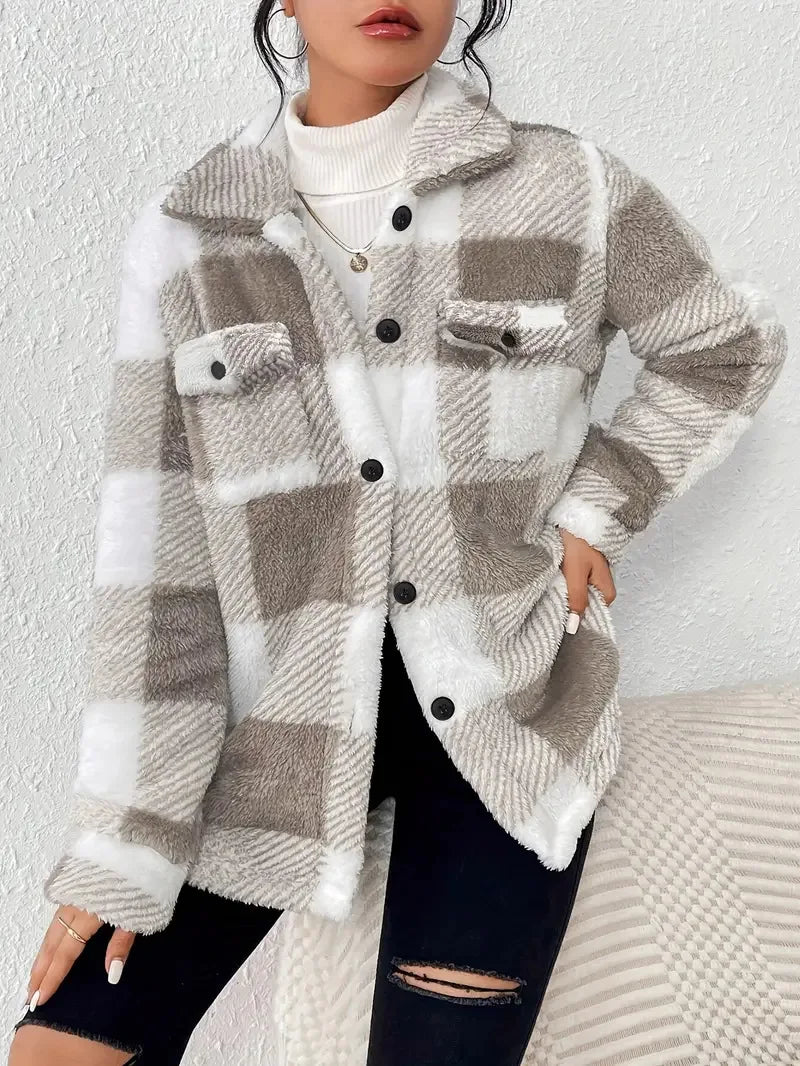 Damen Fleece Jacke mit Karomuster | Warme
