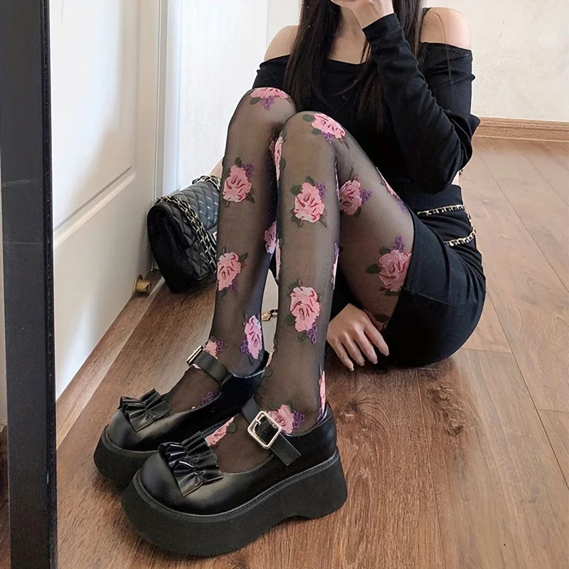 Damen Strumpfhose mit Rosenblüte Gemusterte | Vintage