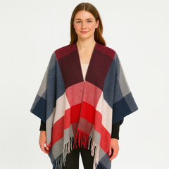 Selina | Geometrischer Schal-Cardigan mit offener Vorderseite in Rot-Blau