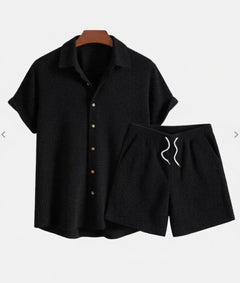 Jorvian - Strukturiertes Set aus Sommerhemd und Shorts in Schwarz