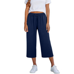 Lisia™ Pantacourt-Hose Aus Baumwoll-Leinen Mit Elastischem Bund Und Verstellbarem Kordelzug in Dunkelblau